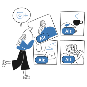 En person som manuellt lägger in en alternativ textbeskrivning, i form av en jättestor skylt. Illustration.