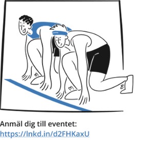 Två löpare vid startlinjen och texten ”Anmäl dig till eventet” plus en obegriplig länktext. Illustration.