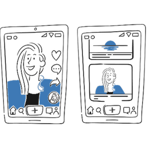 En mobiltelefon som visar stories och sen ett alternativ som visar stories men också en textversion av innehållet. Illustration.