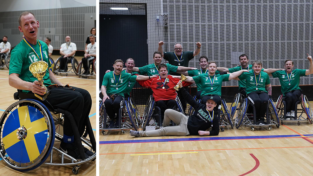 Lagfoto på det vinnande laget Nacka HI. Spelarna har medaljer runt sina halsar.