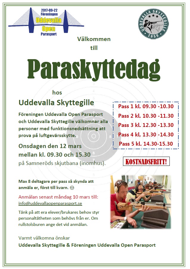 Inbjudan till paraskyttedag hos Uddevalla Skyttegille onsdag 12 mars 2025 på Samneröds skjutbana i Uddevalla