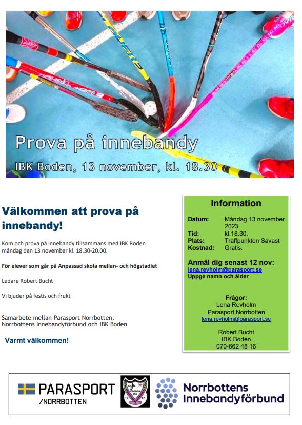 Inbjudan med samma text som nyhetsinlägget, bild på innebandyklubbor och boll