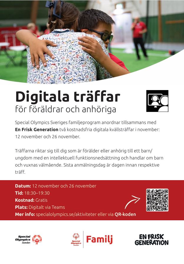 En mamma kramar om sin son samt inbjudan