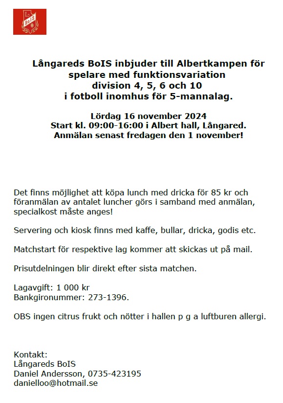 Inbjudan till Albertkampen i parafotboll inomhus lördag 16 november 2024 i Långared Alingsås