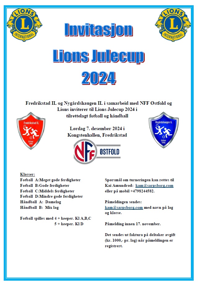 Inbjudan till Lions Julecup i parafotboll & parahandboll 7 december 2024 i Fredrikstad, Norge