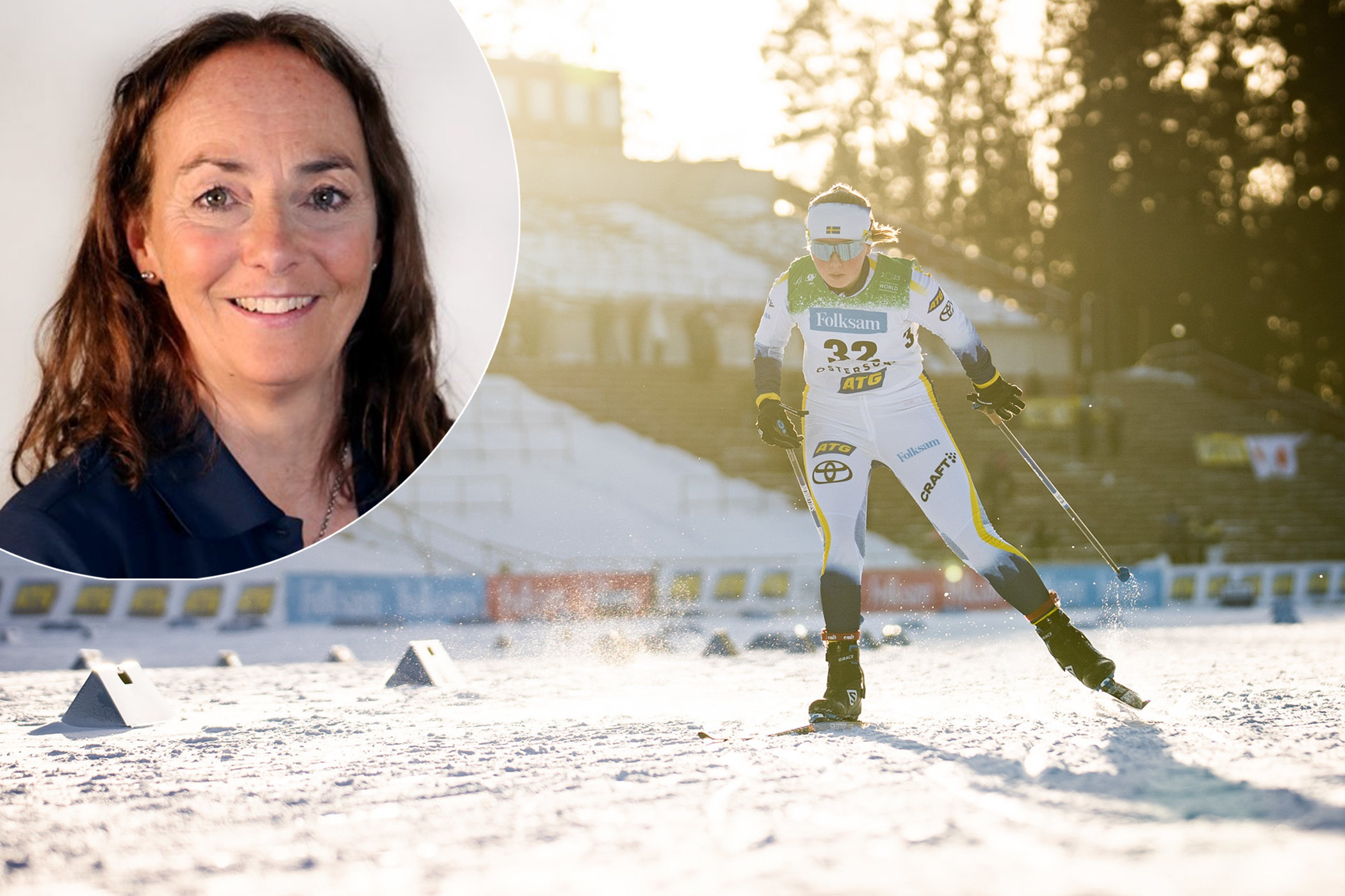 Annika Zell, ny tillförordnad förbundskapten i längdskidor och skidskytte inklippt i en bild med Ellen Westerlund som åker skidor.