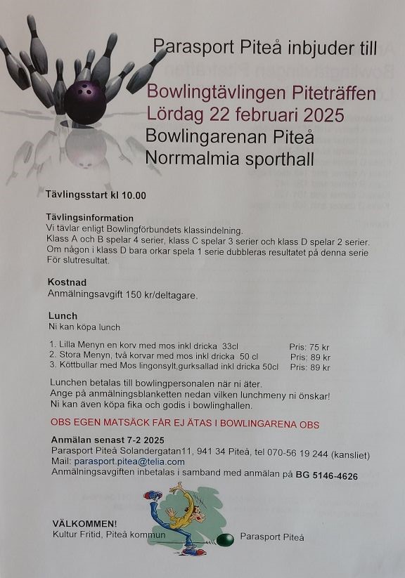 Bowlingkäglor flyger i luften när de träffas av bowlingklotet. Inbjudningsaffich från Piteå Parasport.