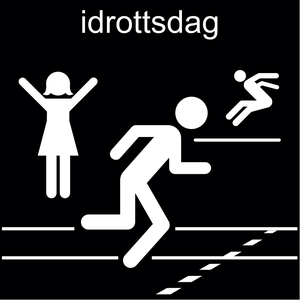 Bildstöd för ordet idrottsdag. Tecknade figurer som gör olika idrottsaktiviteter.