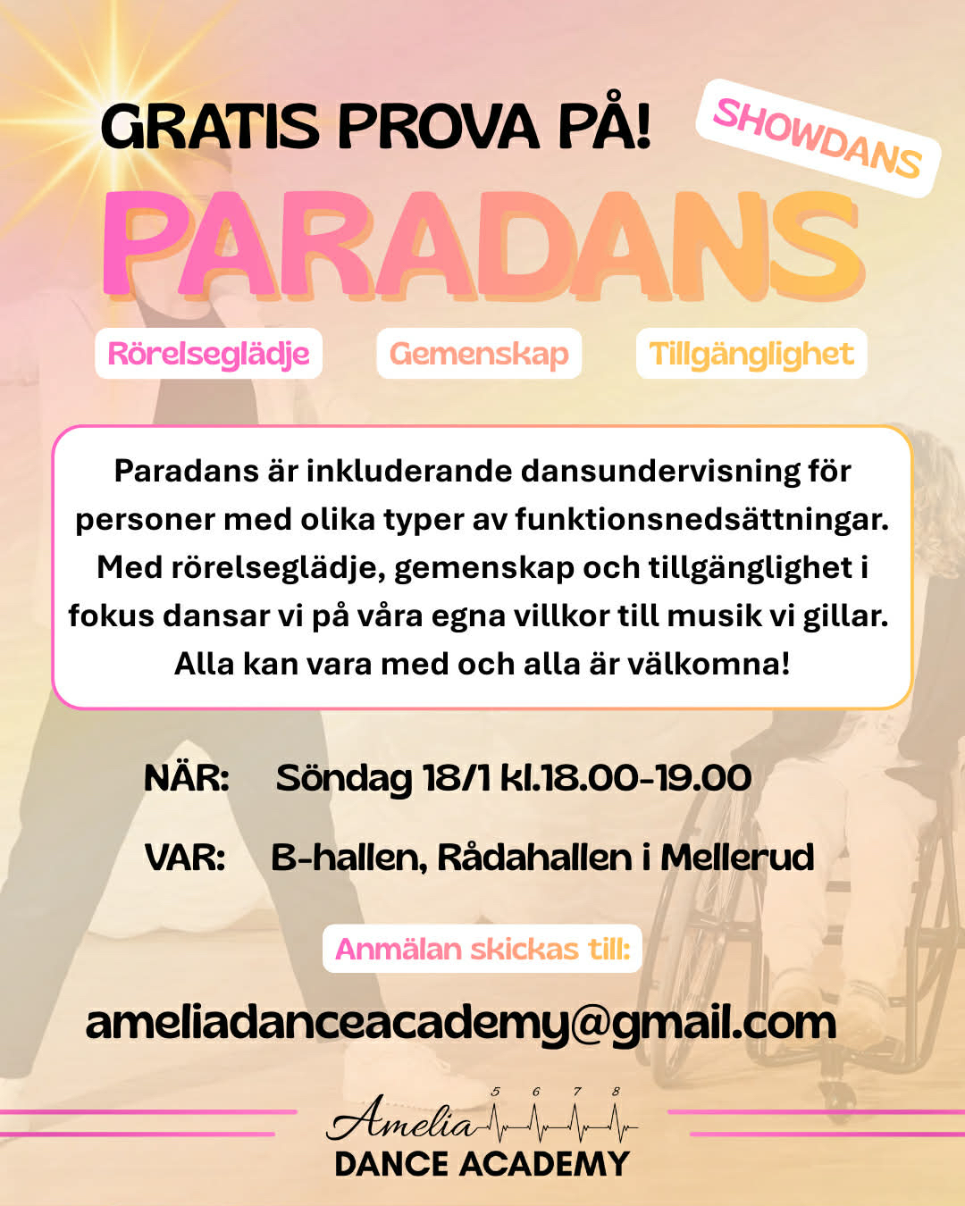 Inbjudan till gratis prova på PARADANS söndag 18 januari 2026 i Rådahallen Mellerud