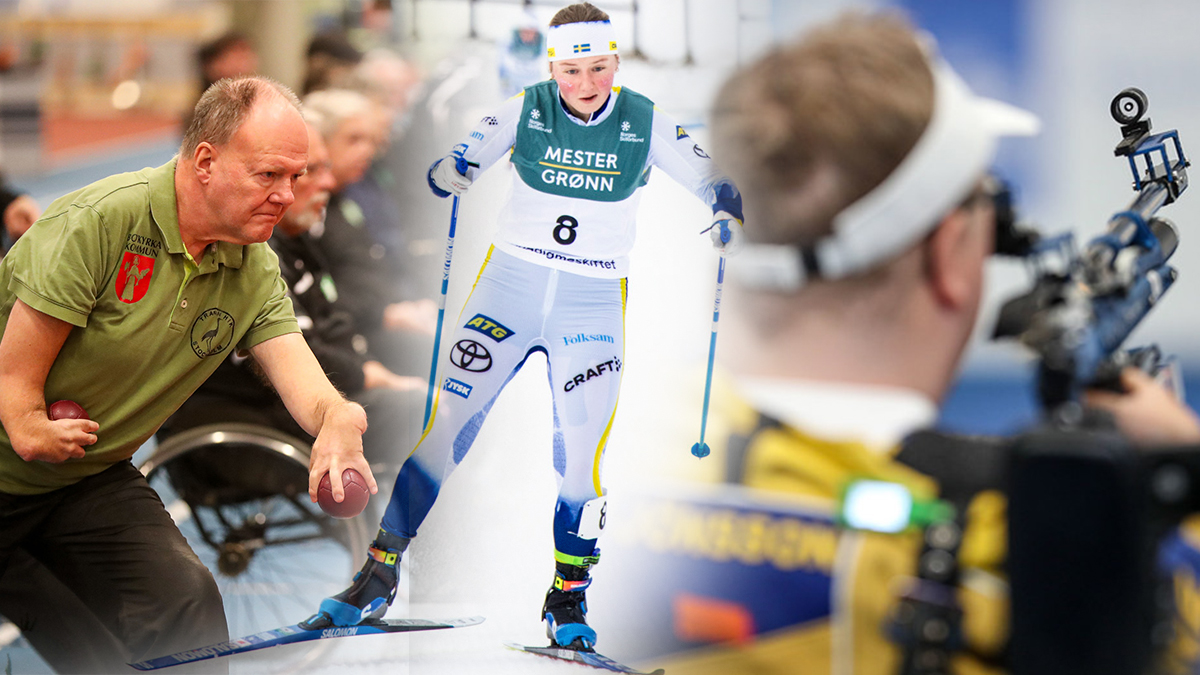 Montage. En bocciaspelare, en längdåkare och en skytt.