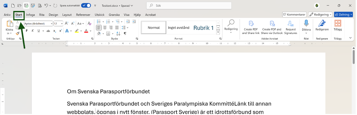 Fliken “Start” i Word är markerad och utpekad. Skärmbild.