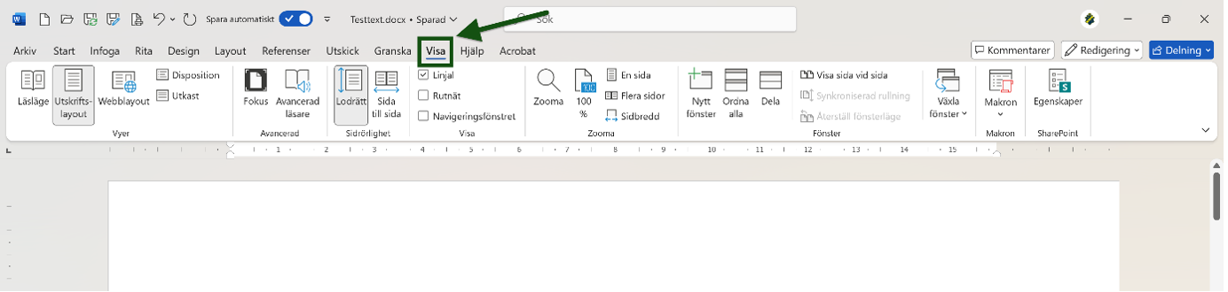 Fliken "Visa" i Word är markerad och utpekad. Skärmbild.