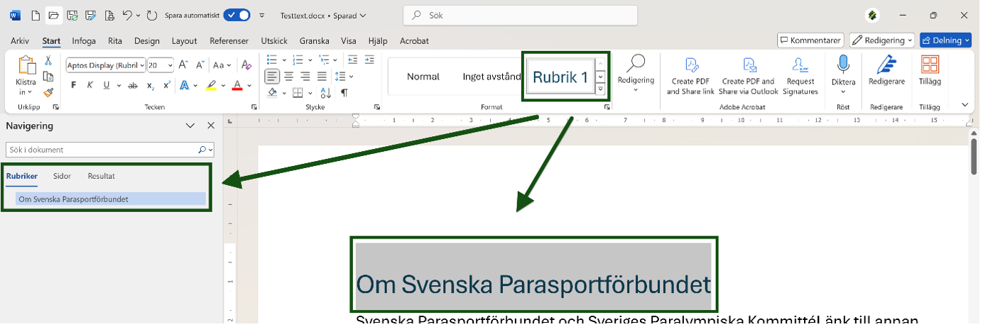 Markerad text i ett Word-dokument är formaterat dom uvudrubrik, "Rubrik 1". Det syns både i "Navigationsfönstret" och i dokumentet. Skärmbild.