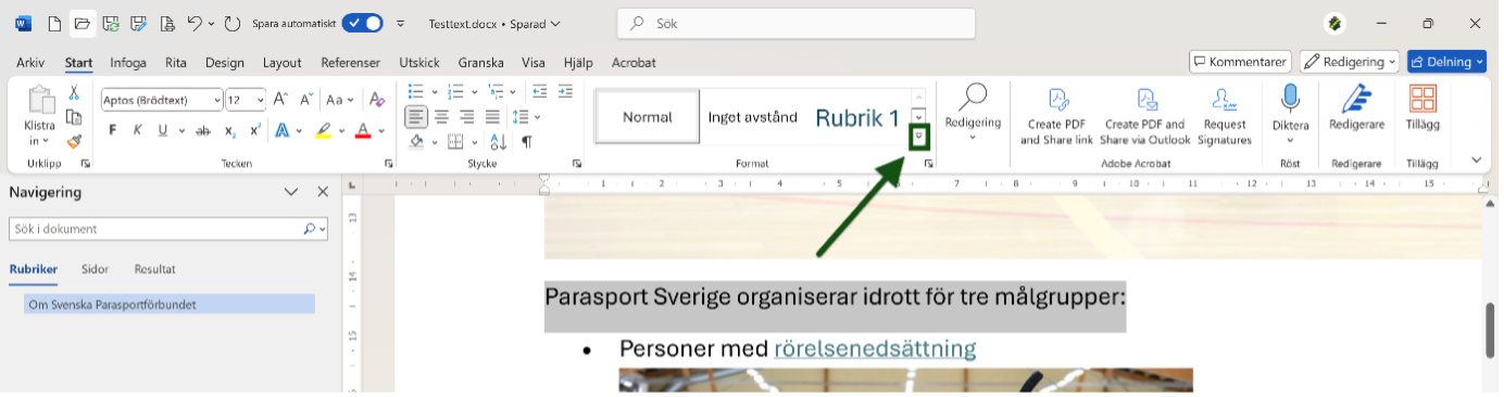 Pil-ikon vid format-rutan i Word är markerad och utpekad. Skärmbild.