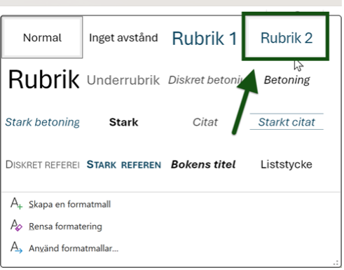 Underrubrik, "Rubrik 2" i format-rutan i Word är markerad och utpekad. Skärmbild.