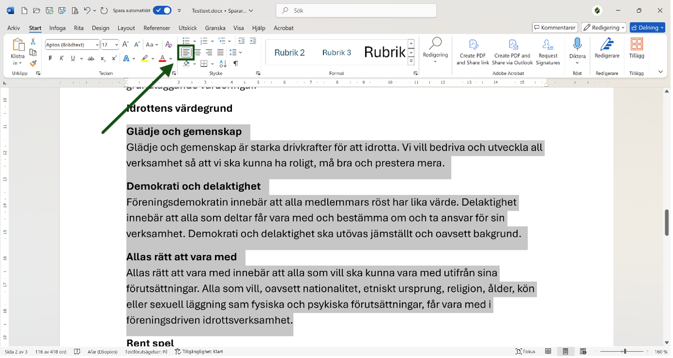Ikon för att vänsterjustera text i Word är markerad och utpekad. Det markerade textstycket är vänsterjusterat. Skärmbild.