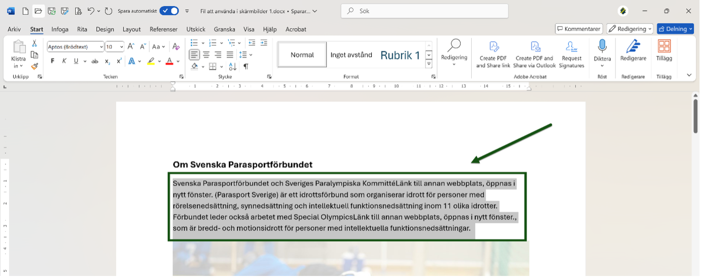Ett textstycke är markerat och utpekat i ett Word-dokument. Skärmbild.