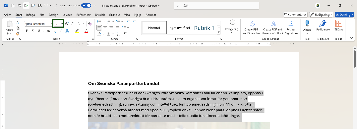 Teckenstorleken 10 pt är markerat och utpekat i ett Word-dokument. Skärmbild.