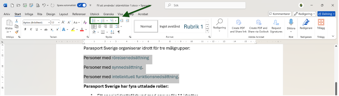 Listverktygen i Word är markerade och utpekade. Skärmbild.