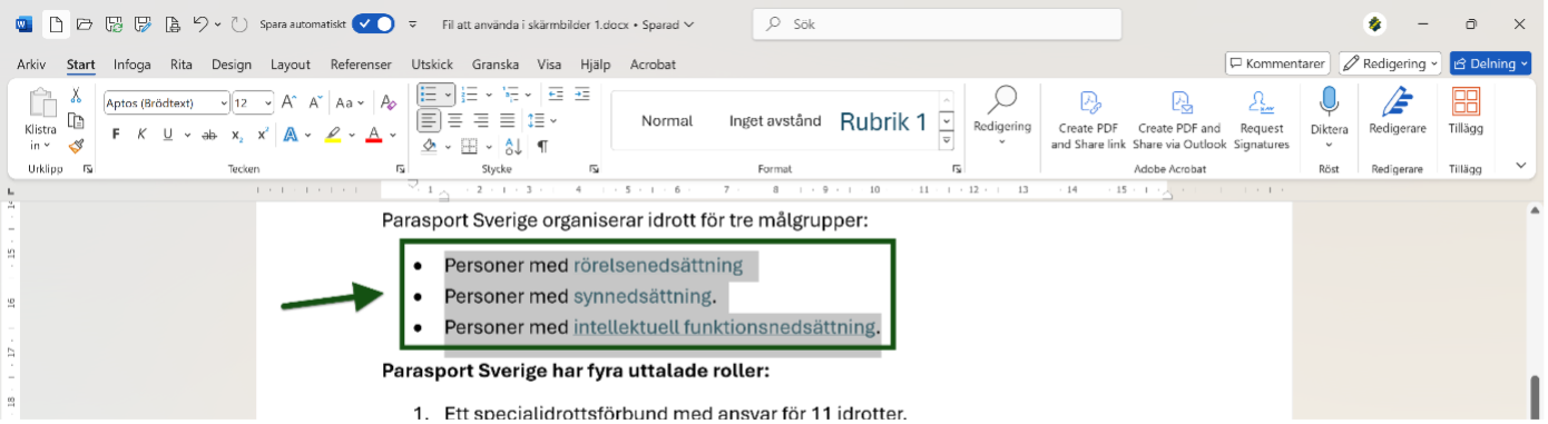 En punktlista i ett Word-dokument är markerat och utpekat. Skärmbild.