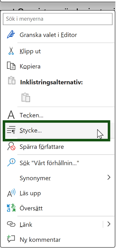 Menyvalet "Stycke ..." är markerad och utpekad. Skärmbild. 