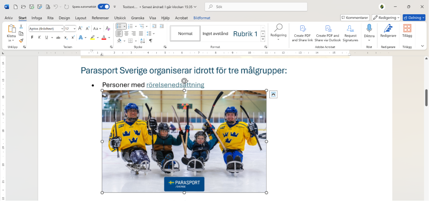 En bild i ett Word-dokument är markerad. Skärmbild.