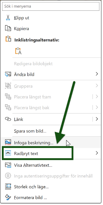 Menyvalet "Radbryt text" i Word är markerat och utpekat. Skärmbild.