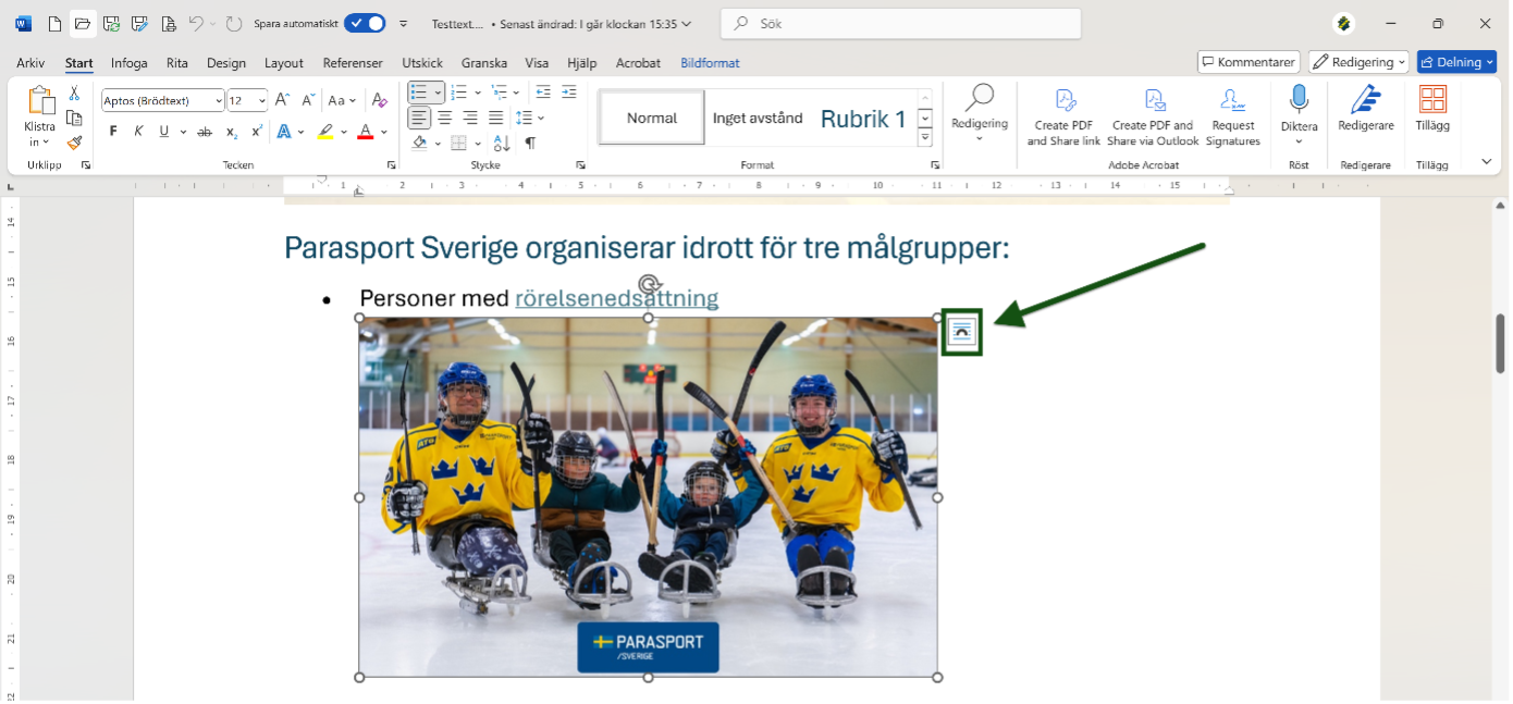 Ikonen för "Layoutalternativ" är markerad och utpekad. Skärmbild.