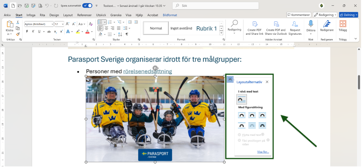 Rutan med olika layoutalternativ markerad och utpekad. Skärmbild.