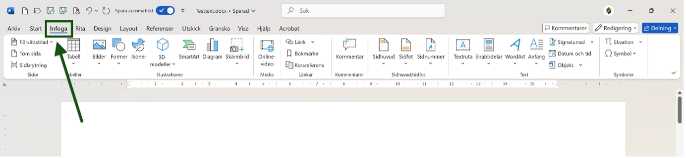 Fliken "Infoga" i Word är markerad och utpekad. Skärmbild.
