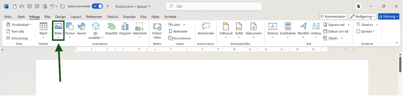 Ikonen "Bilder" i Word är markerad och utpekad. Skärmbild.