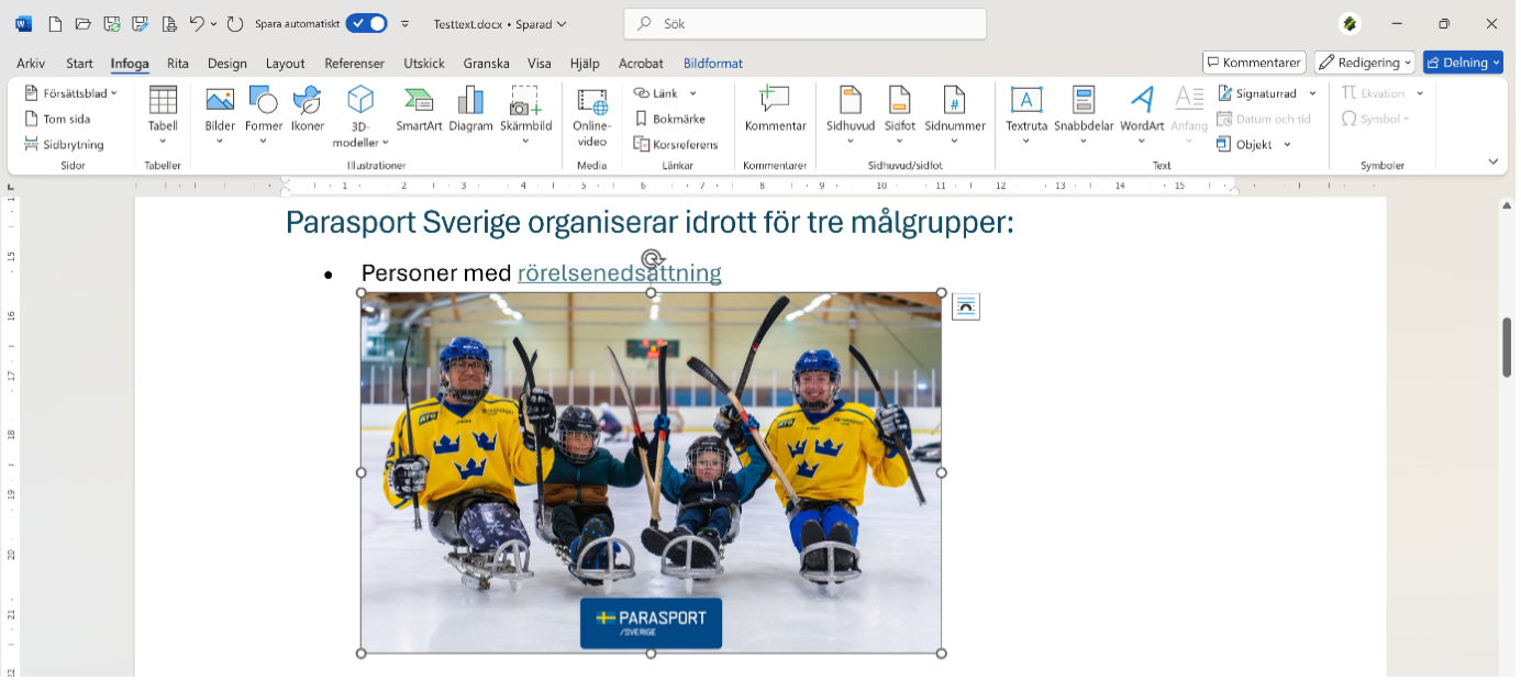 En bild i ett Word-dokument är markerad. Skärmbild.