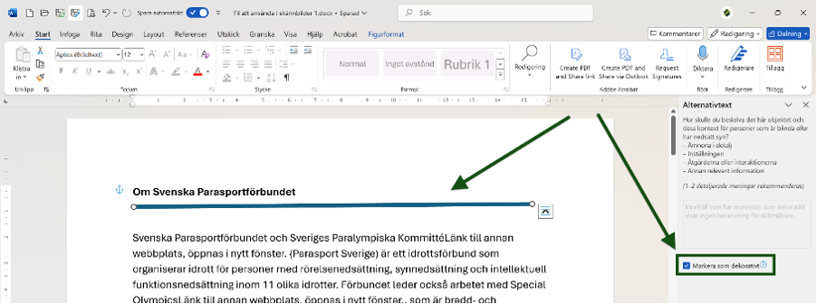 Kryssruta i Word för bilder som markerar en en bild som dekorativ. Rutan är markerad och utpekad. Skärmbild.