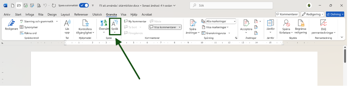 Ikonen för "Språk" i Word är markerad och utpekad. Skärmbild.
