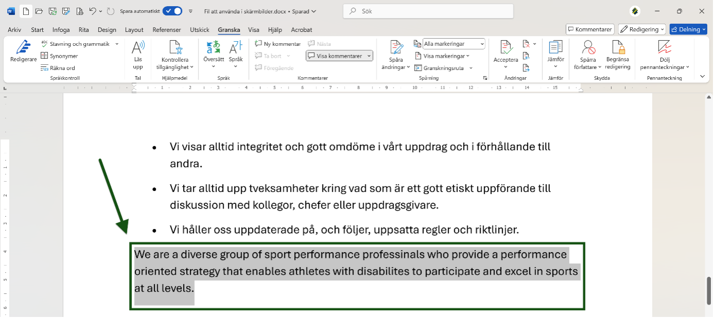 Markerad text i Word. Skärmbild.
