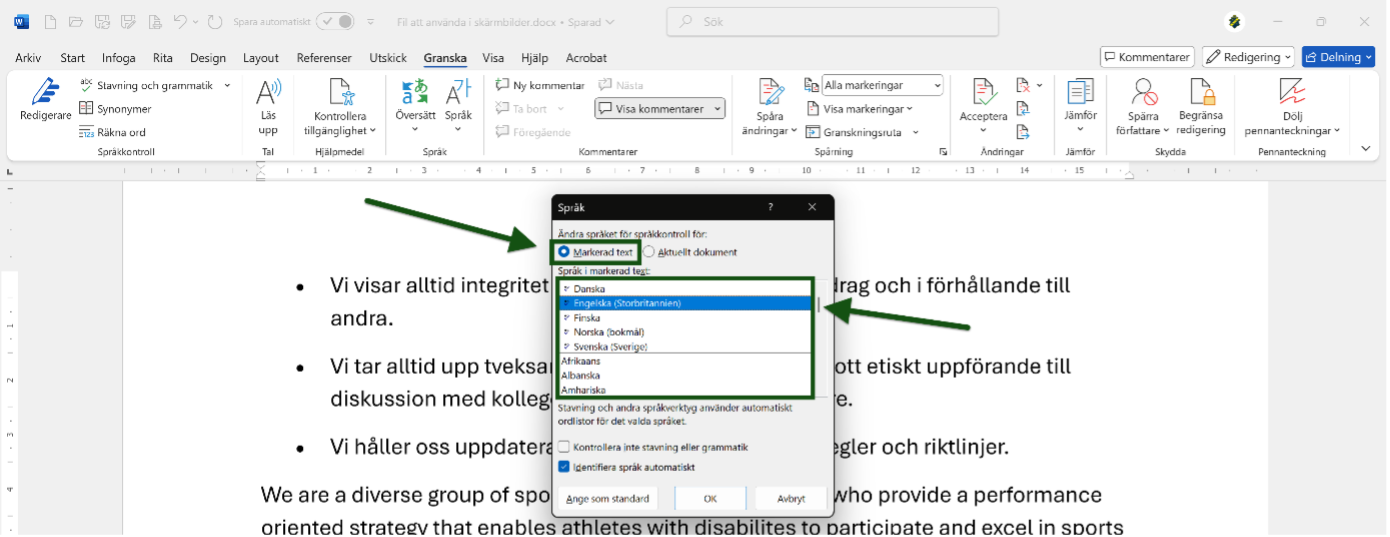 Språkruta i Word med alternativ för "Markerad text" och olika språkval är markerat och utpekat. Skärmbild.