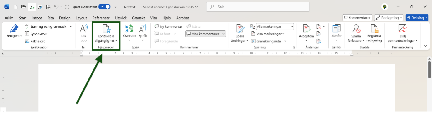 Ikonen "Kontrollera tillgänglighet" är markerad och utpekad. Skärmbild.