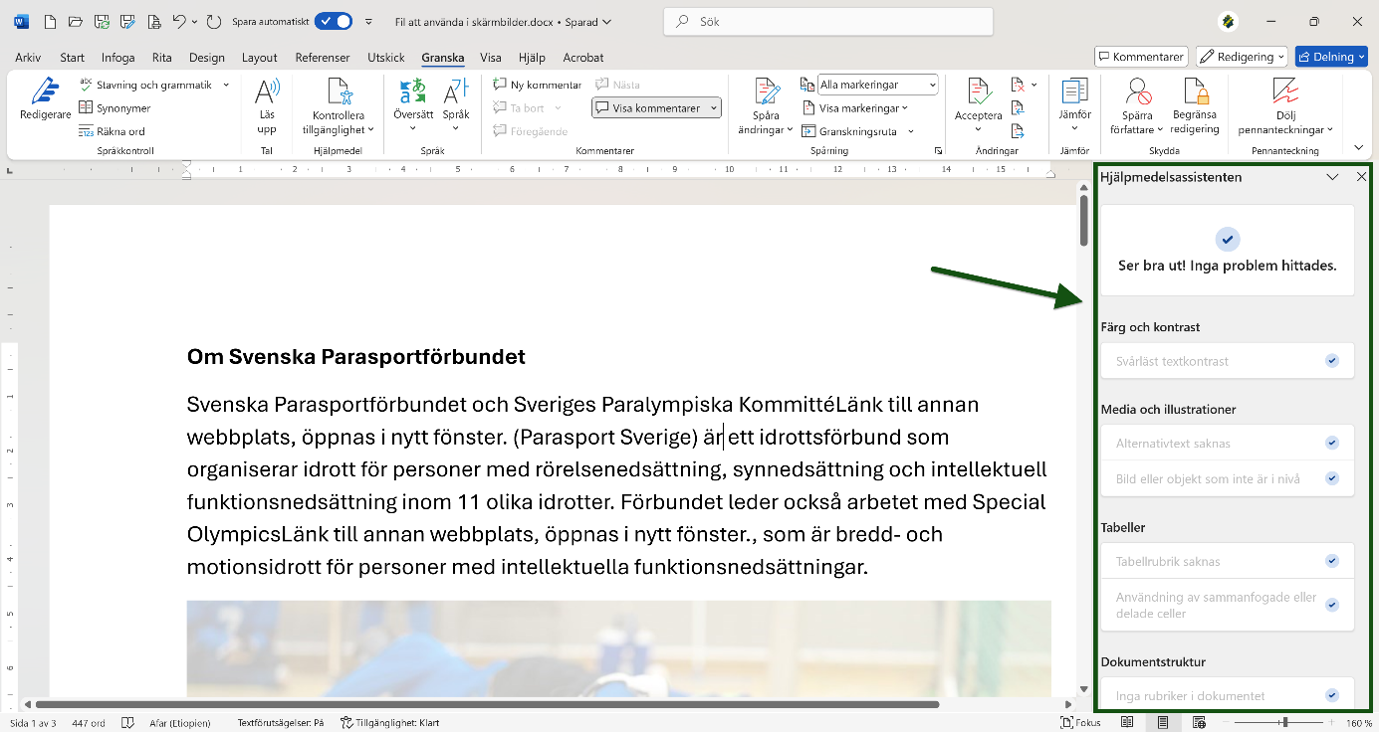 Ruta för "Hjälpmedelsassistenten" i Word är markerad och utpekad. Skärmbild.