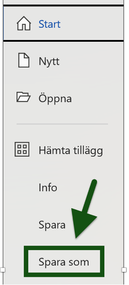 En pil pekar på menyvalet ”Spara som” i Word. Skärmbild.