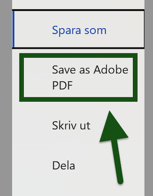 En pil pekar på menyvalet ”Save as Adobe PDF” i Word. Skärmbild.