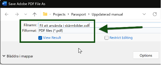 Rutan ”Save Adobe PDF file as” och fält för filnamn och filformat är markerat och utpekat. 