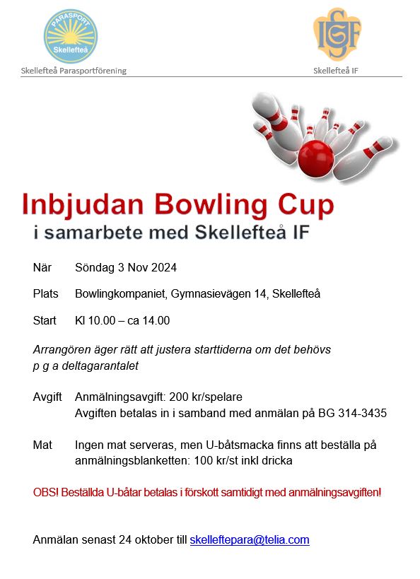 Affisch inbjudan - samma text som inlägget men även ritad bild av bowlingklot och käglor.