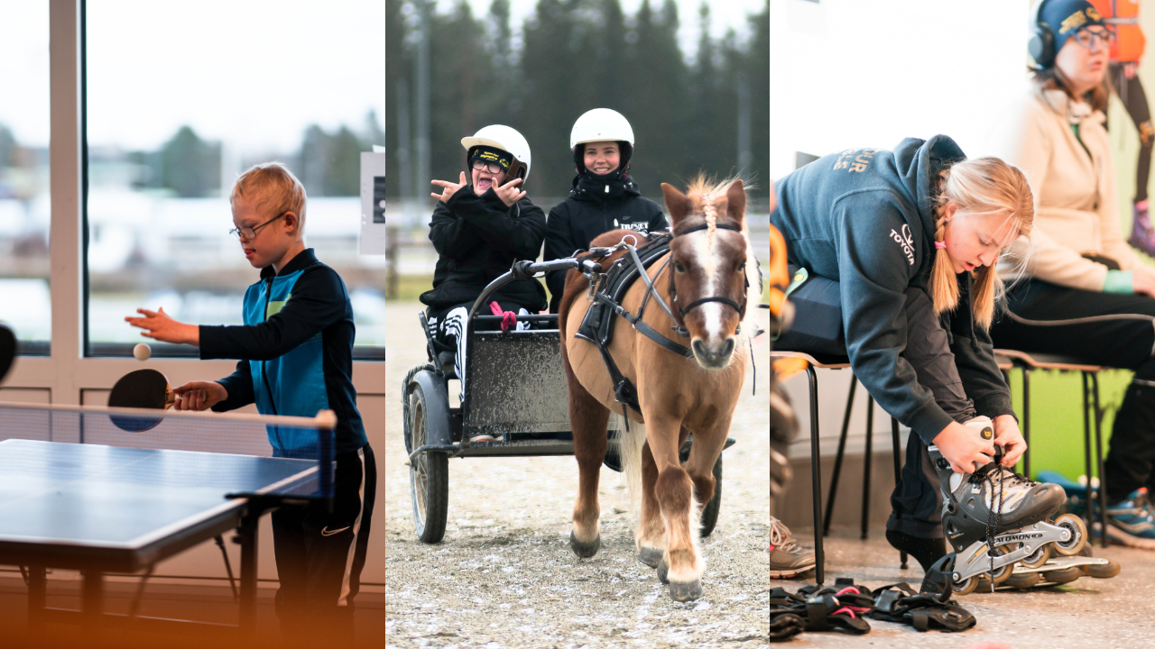 Collage med tre bilder. Bild 1: Inomhusmiljö, ung kille spelar pingis. Bild 2: Utomhusmiljö, travbana. Två personer sitter i en sulky bakom en häst. Bild 3: Inomhusmiljö, tjej sitter på en bänk och snörar på sig inlines.