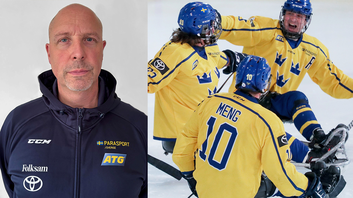 Till vänster: Håkan Strömberg. Vill höger: Tre landslagsspelare som jublar efter ett mål.
