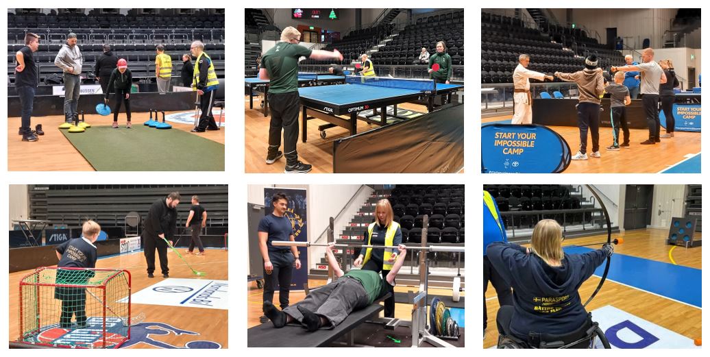 Idrottare provar på mattcurling bordtennis bågskytte budo innebandy och bågskytte
