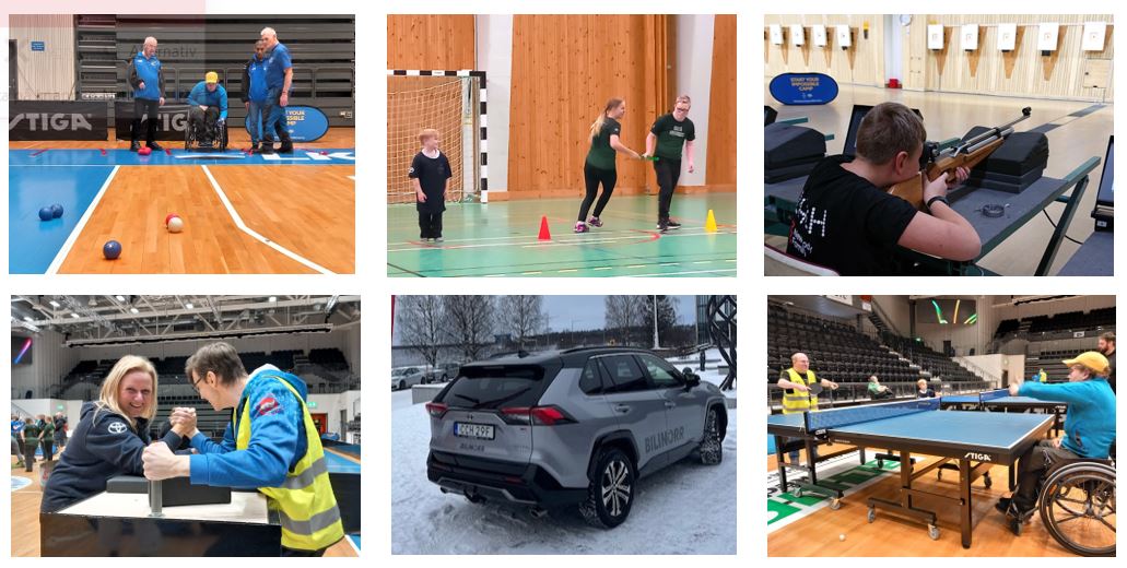 idrottare provar på boccia armbrytning friidrott bordtennis styrkelyft och samarbetspartnern Toyota visar upp en bil