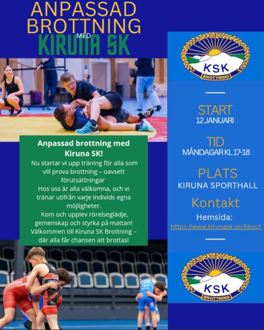 Foto på brottande ungdomar i full action samt inbjudan med samma info som i inlägget