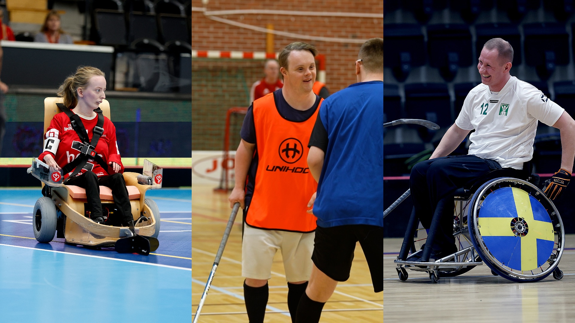 Ett kollage med tre bilder som representerar elinnebandy, stående parainnebandy och sittande parainnebandy.  