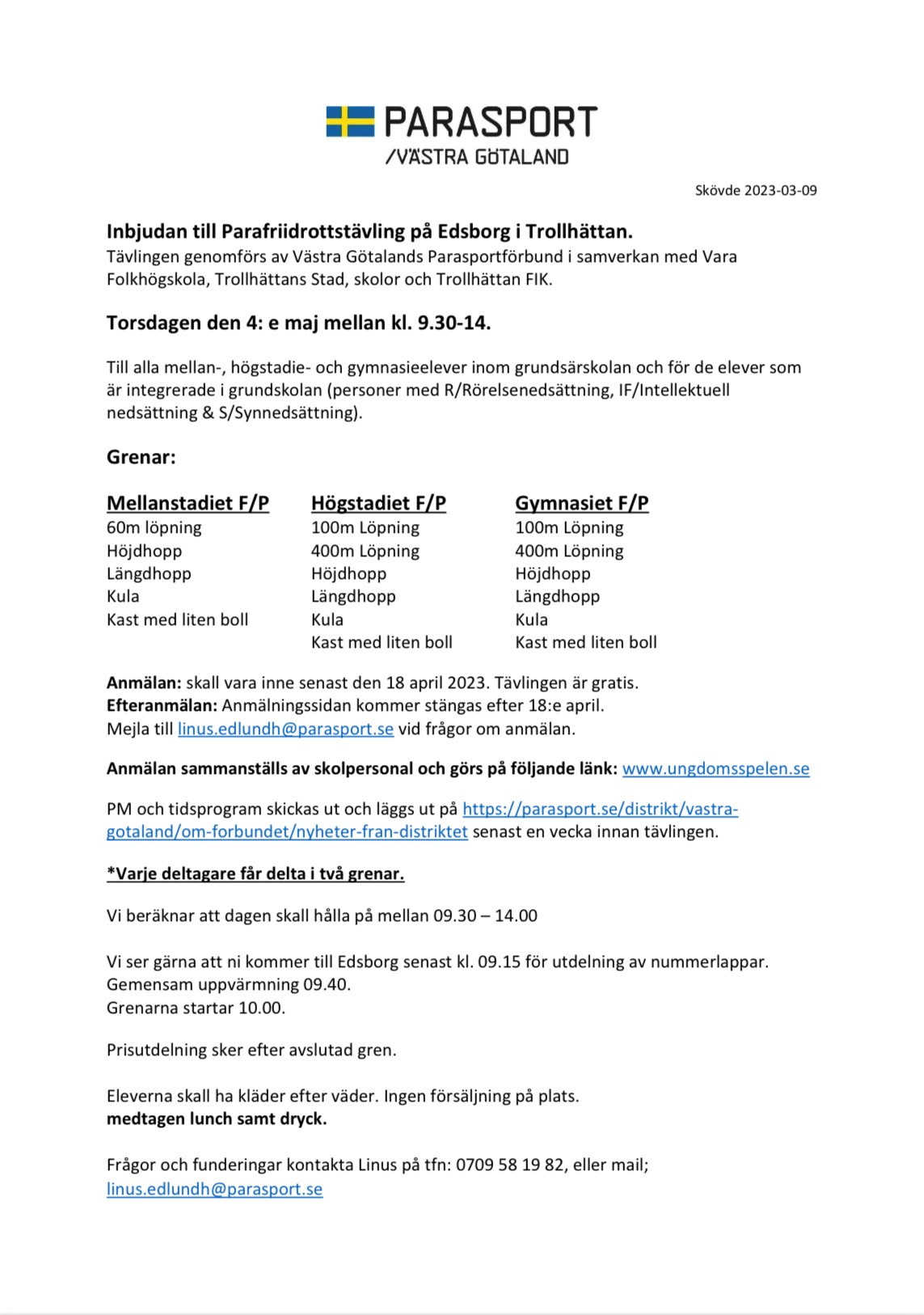 Parafriidrottstävling i Trollhättan 4 maj 2023