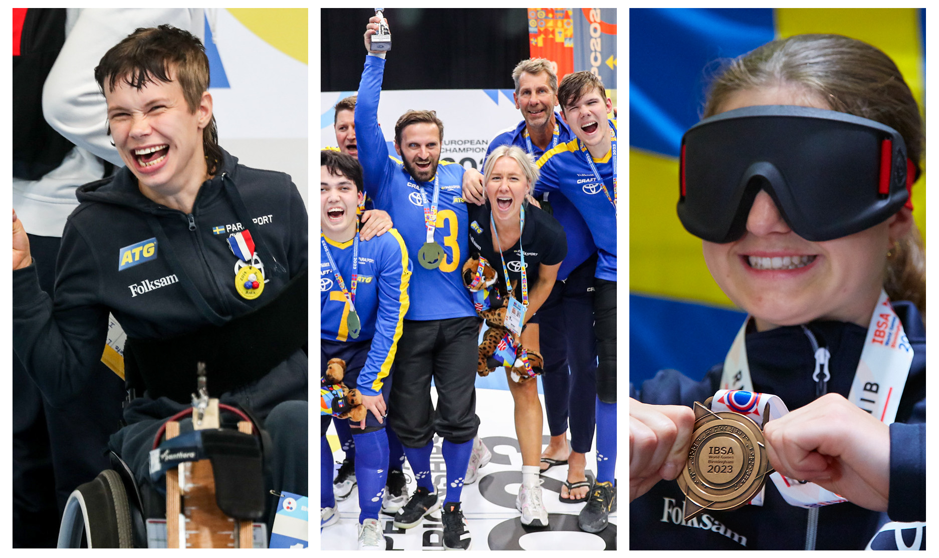 Collage med tre bilder. Från vänster, Maria Bjurström (boccia) som jublar efter sitt EM-brons. I mitten syns svenska landslaget i goalball jubla efter att ha mottagit sitt guld. Till höger en glad Alice Bernts son, 5-a-side, som visar upp VM-medaljen (Sista bilden är tagen av Pontus Lindström). 